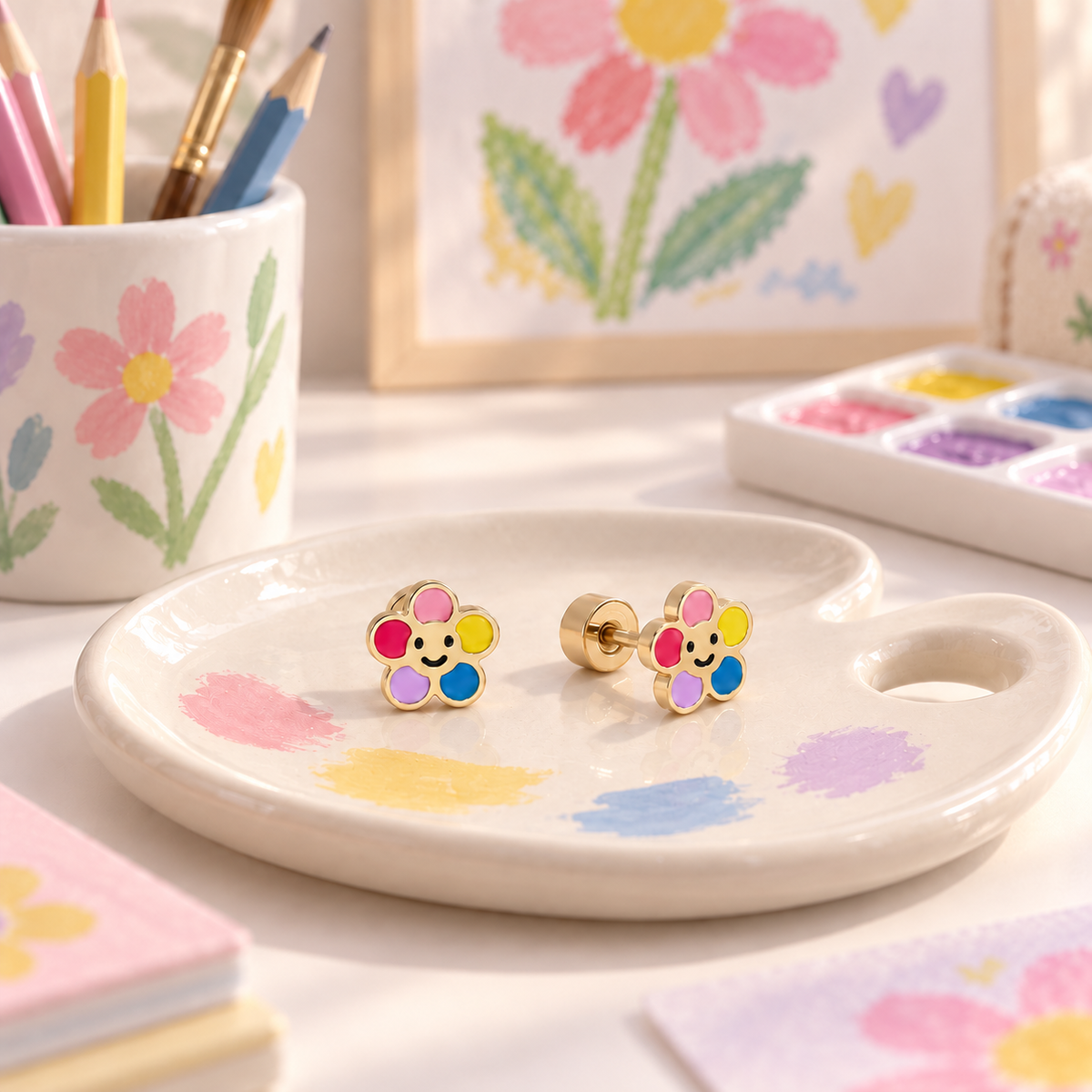 Colourful smiley flower surgical steel earrings for children with secure screw-on flat backs