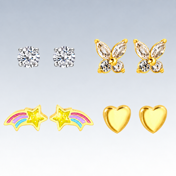 Four pairs of hypoallergenic flat-back earrings in SPARKLN's mix-and-match 4 for £44 bundle: crystal studs, gold-tone butterflies, rainbow shooting stars and hearts. 