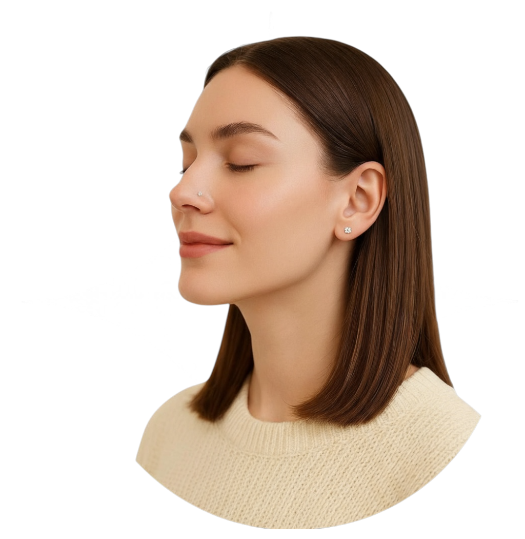 Professional home nose piercing by SPARKLN in London - woman wearing a beige sweater with diamond nose stud and earring