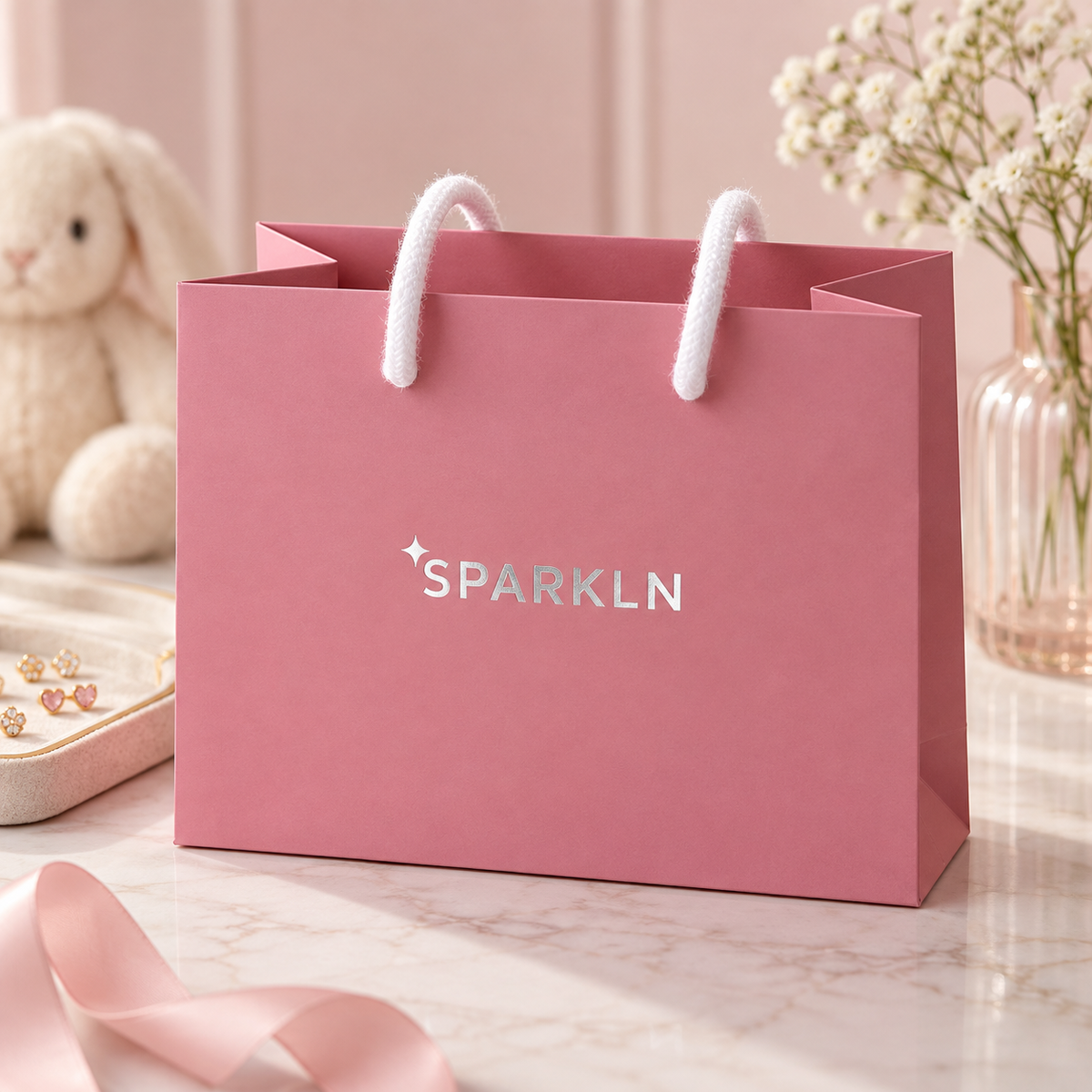 Pink SPARKLN jewellery gift bag with white rope handles and silver logo