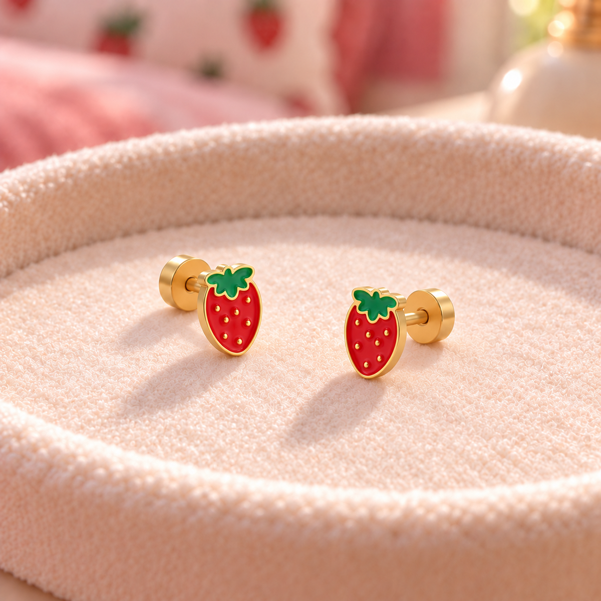 Red strawberry surgical steel earrings for children with secure screw-on flat backs