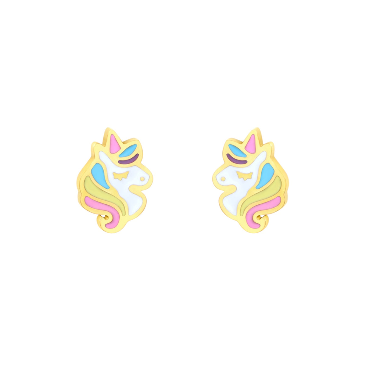 Colourful unicorn hypoallergenic flat back earrings for children in gold-tone 316L surgical stainless steel
