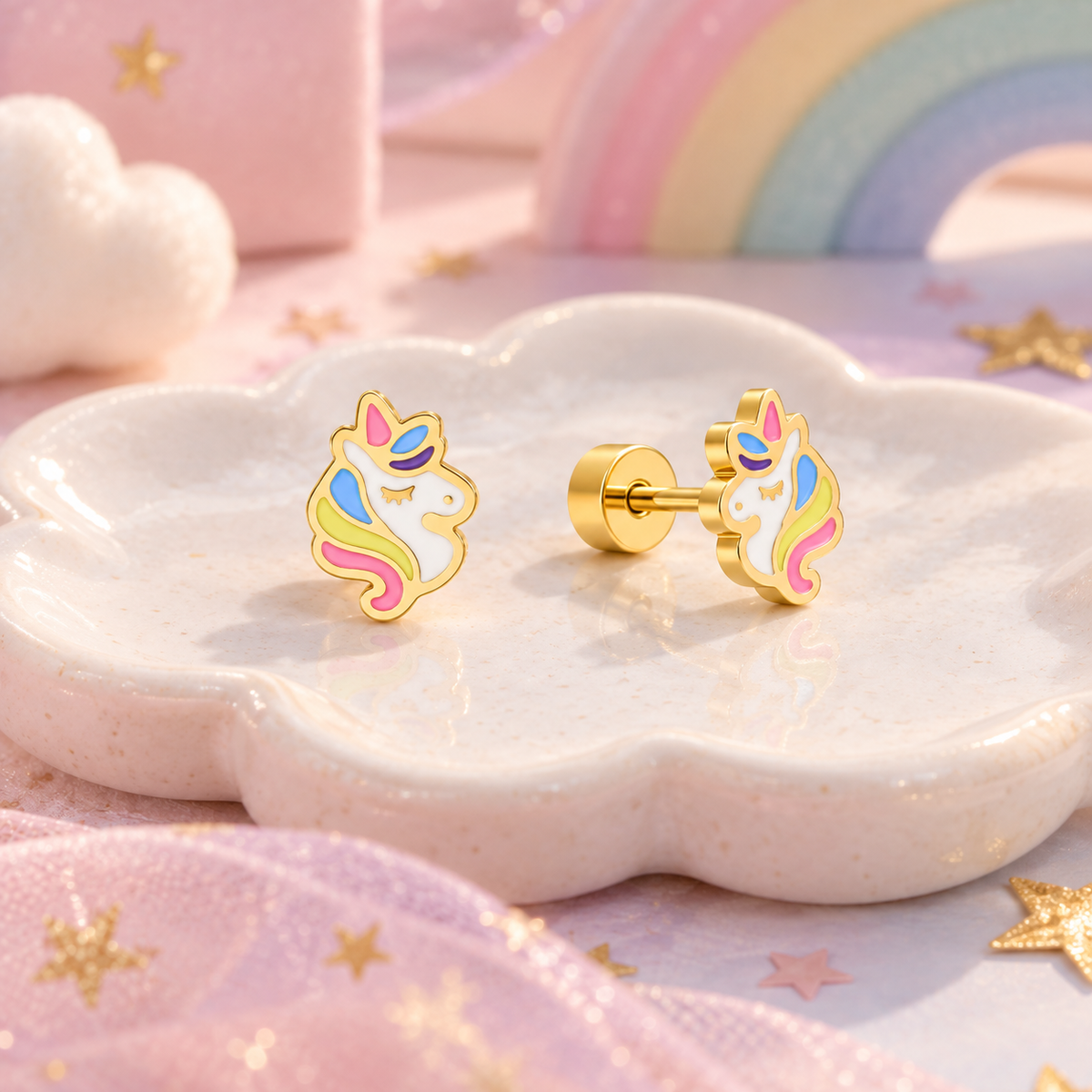 Pastel unicorn surgical steel earrings for children with secure screw-on flat backs